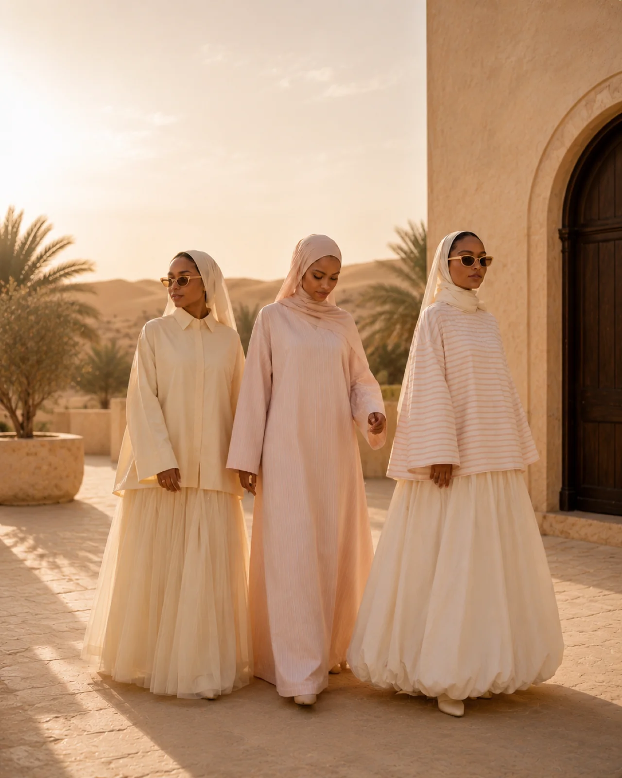 Trois silhouettes féminines voilées en abayas écrues, devant l'arche d'un ksar mauresque au coucher du soleil — image inaugurale de l'univers Suna Mastour.